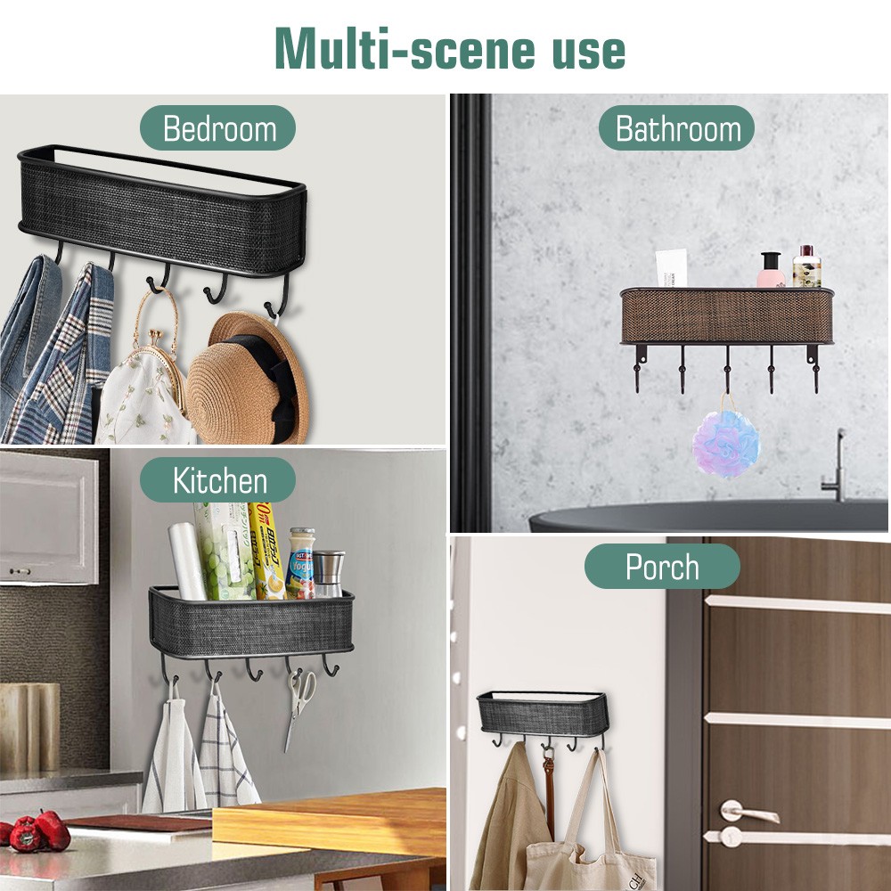 Wall-Mounted Key Holder & Mail Organizer with 5 Hooks - Entryway Storage & Decor