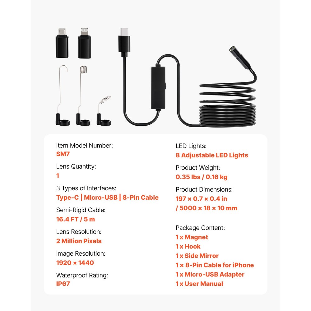 Endoscope Camera 1920P HD Borescope for Android & IOS with 16.4FT Cable