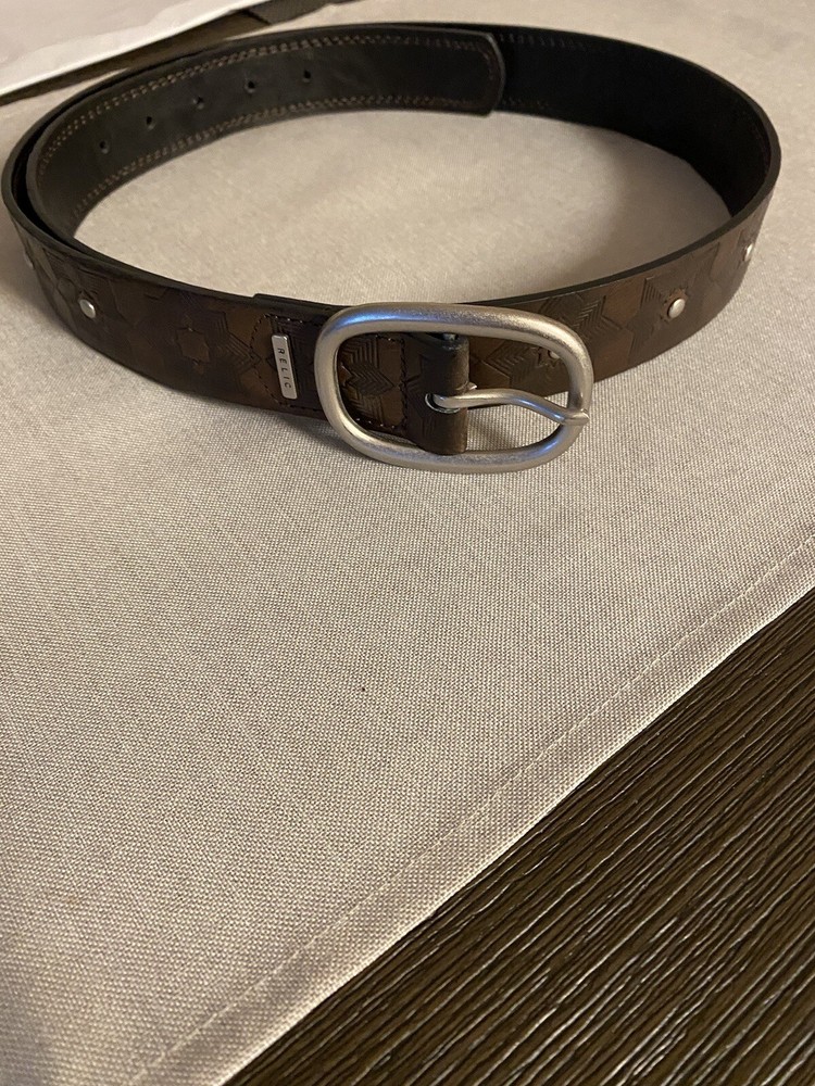 Relic Leather Espresso Studded Engraved Silvertone Hardware Belt
