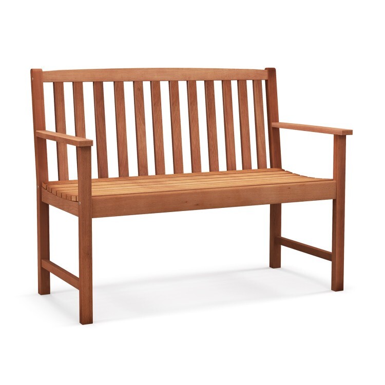 2-Seat Patio Solid Eucalyptus Wood Bench w/ Comfortable Armrest Slatted Backrest