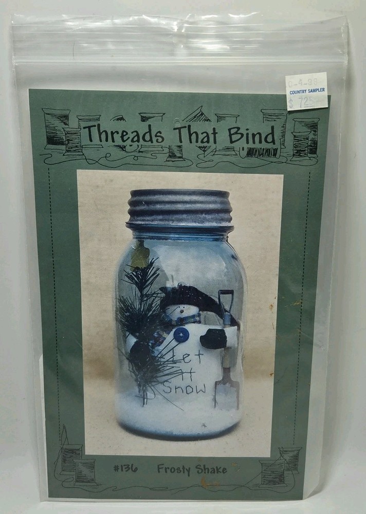 CUT Frosty Shake Pattern Primitive Snowman In Jar Threads That Bind Christmas