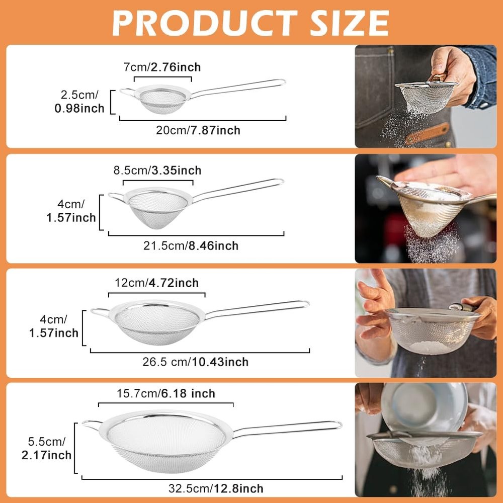 4 PCS Stainless Steel Strainer Set Fine Mesh Multi Size Handles Sifting Tool