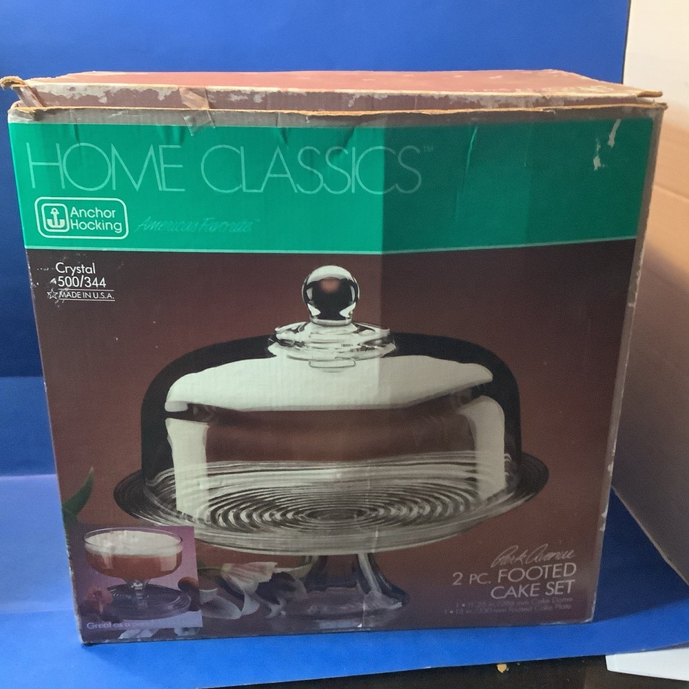 Anchor Hocking 2 Piece Footed Cake Set  In Original Box
