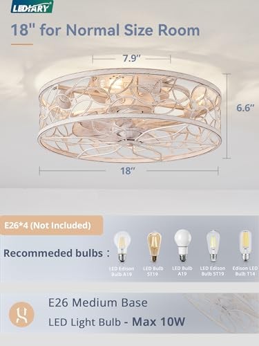 Caged Ceiling Fans with Lights, White Flush Mount Ceiling Medium White Gold