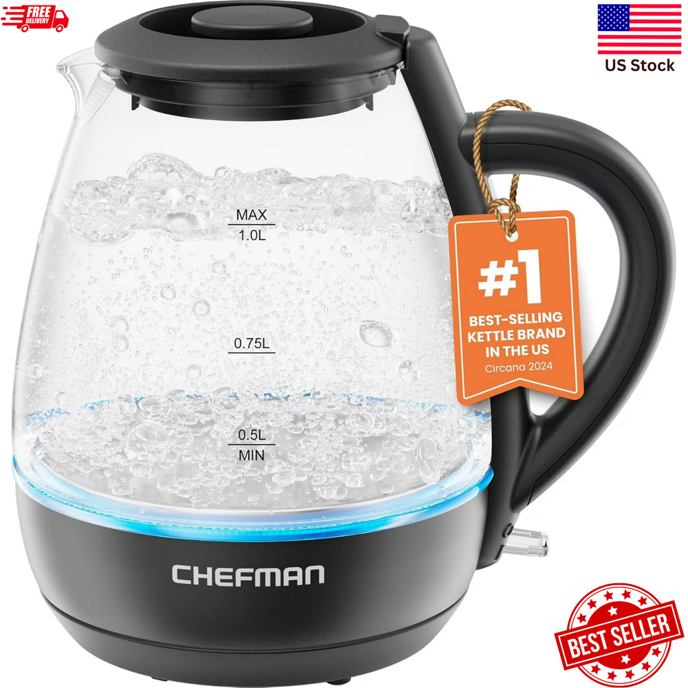 Chefman 1L Electric Glass Kettle - Blue LED Indicator - Auto Shutoff- Black-NEW