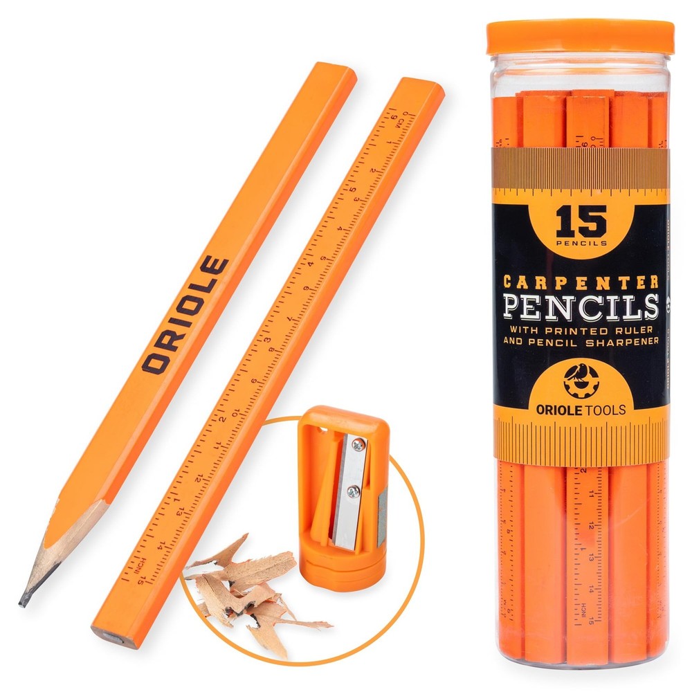 Carpenter Pencils 15 Pack with Sharpener and Storage Container — Flat Cons