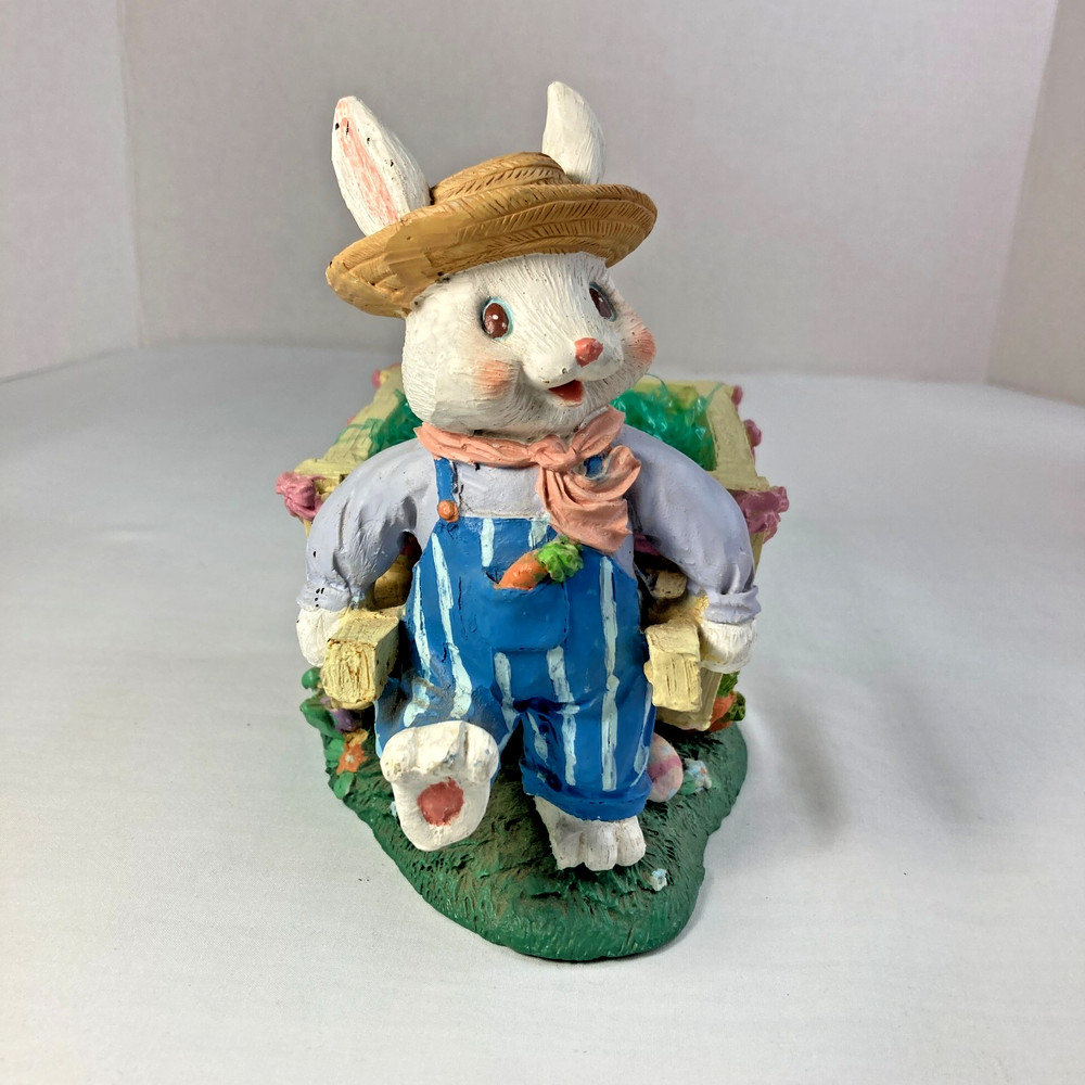 Spring Easter Bunny Figurine Rabbit Straw Hat Blue Overalls Pulling Wheelbarrow