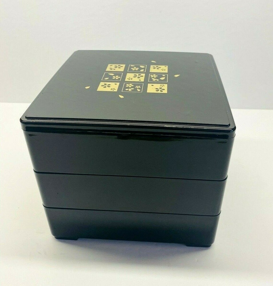 Black Plastic Three Tier Bento Box/Jewelry Box 6" Tall