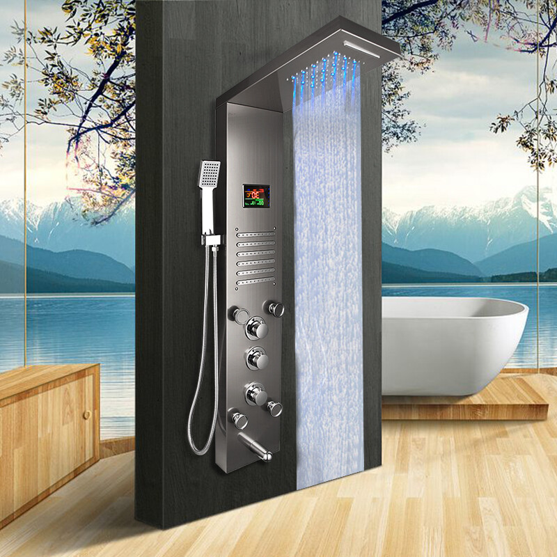 Black Shower Panel Tower System LED Rectangle Shower Head Massage Jets Mixer Set