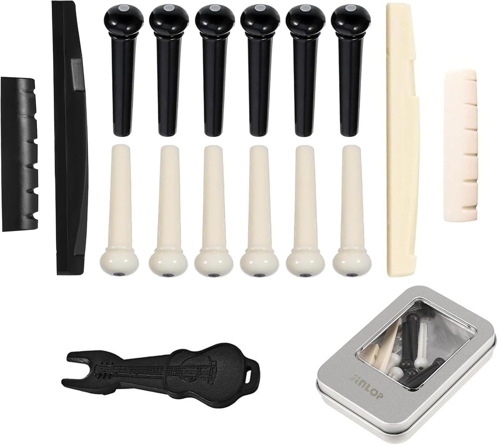 Guitar Bridge Pins & Puller - 12 Pack Ivory/Black Set for Ultimate Performance