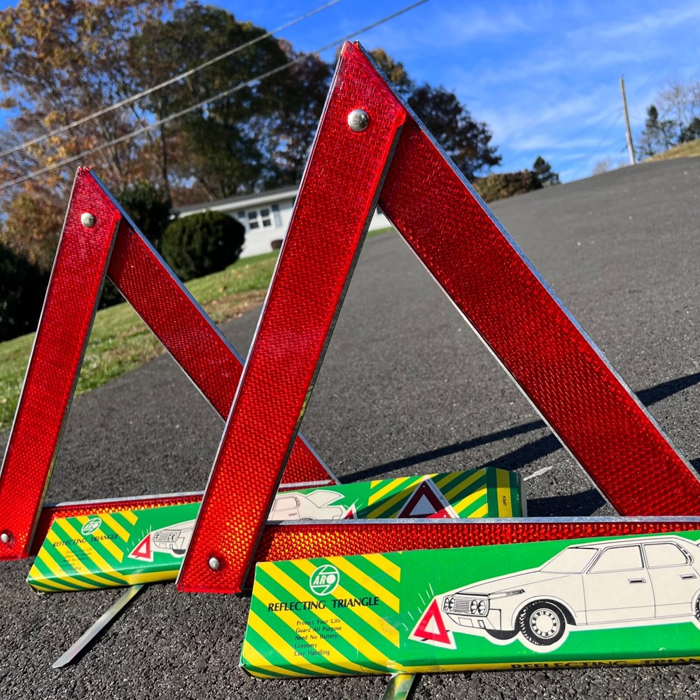 2 Vintage ARO Emergency Car Roadside REFLECTING TRIANGLE Original Box Man Cave