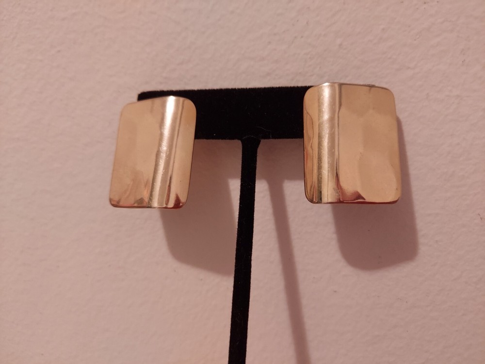 hammered metal goldtone rectangular post earrings 1 1/8" x 7/8" hand polished