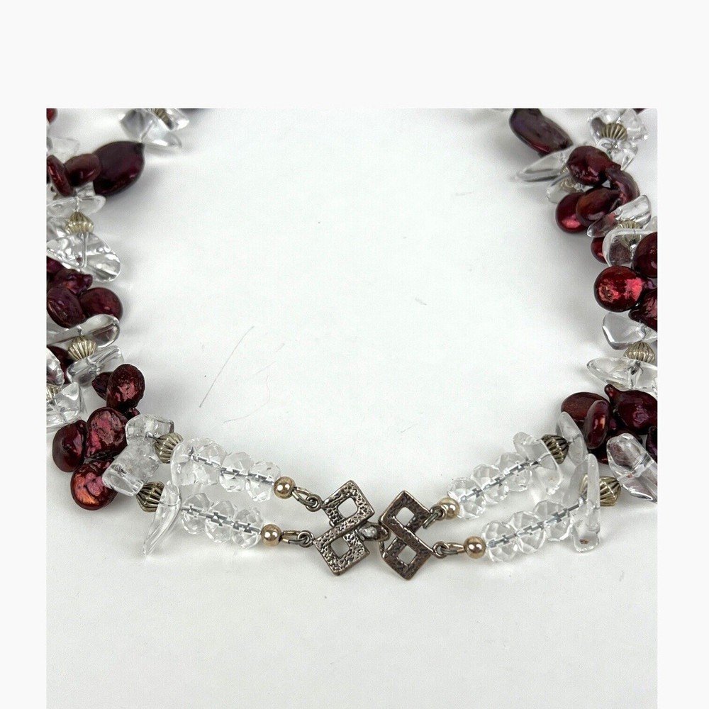 Artisan Beaded Boho Necklace Double Strand Quartz Dyed Red Shell Statement