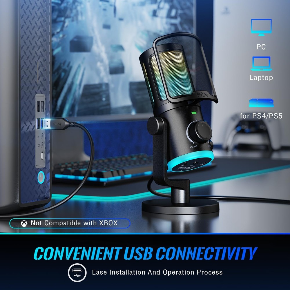 FIFINE Gaming PC Microphone, USB Streaming Microphone with Game Chat Balance,...