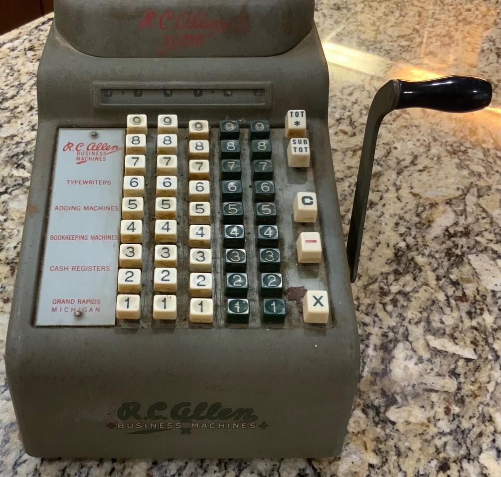 Vintage RC Allen Business Adding Machine Model Adding Machine with Hand Crank