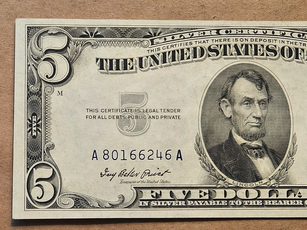 1953 $5 Silver Certificate Note Partial Offset Ink Transfer Error on Reverse