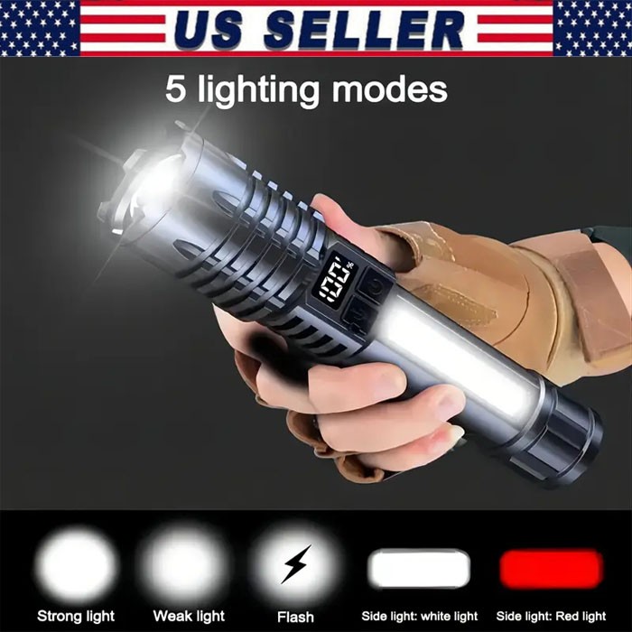 Rechargeable Long Distance LED Flashlight Tactical 5 Modes COB Side Lights