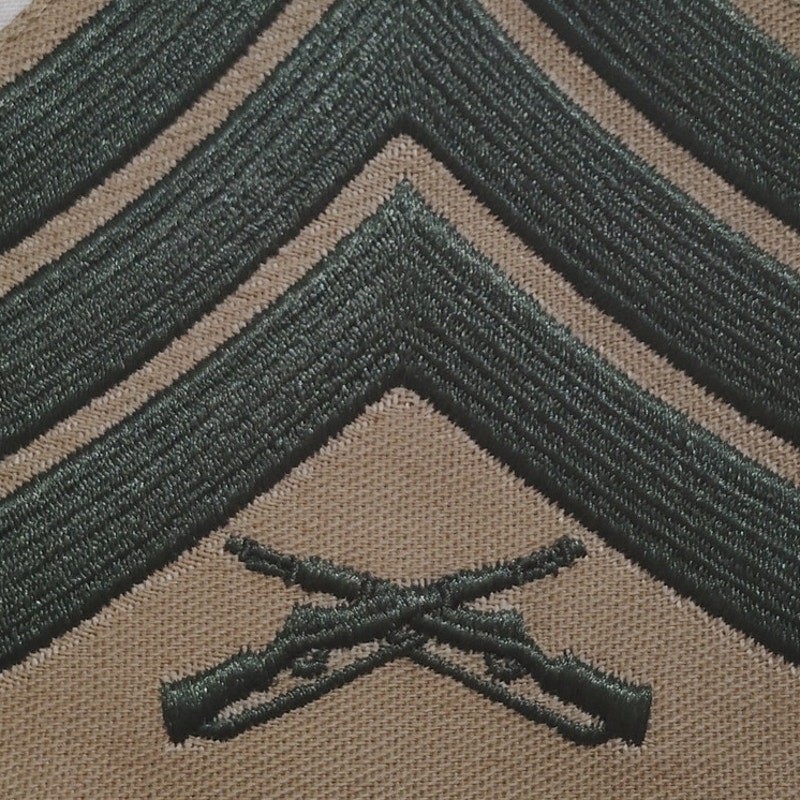 USMC Sergeant E‑5 Chevrons – Green on Khaki – Pair – 5‑1/4" × 3‑5/8"