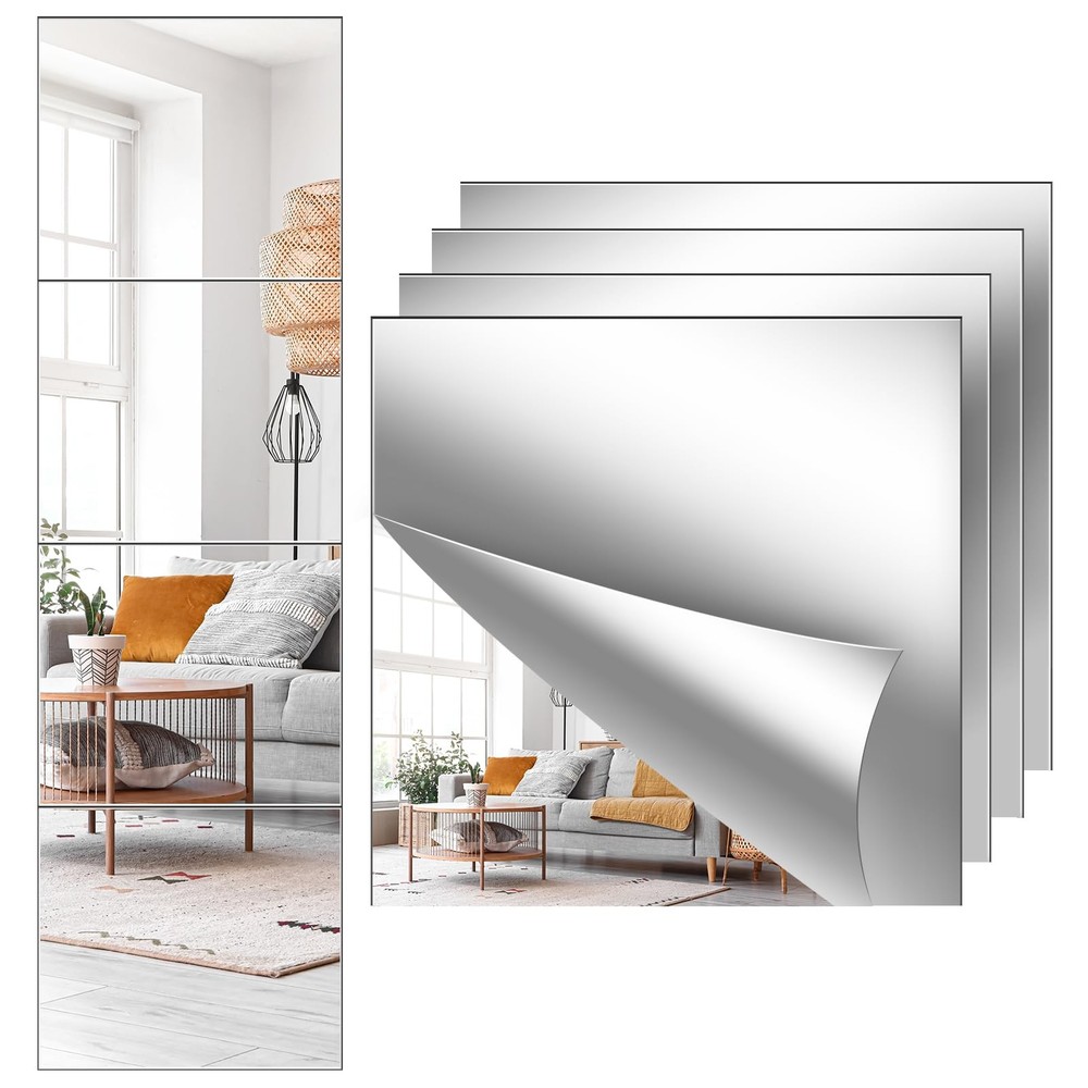 Acrylic Wall Mirror, 4 Pack, 12x12 Inch, Frameless, Modern, Rectangular, Shat...
