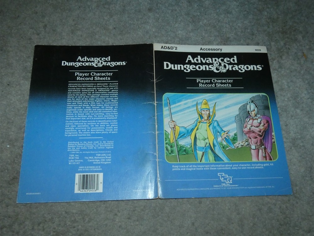 TSR AD&D: Accessory AD&D2: Player Character Record Sheets - Cover only