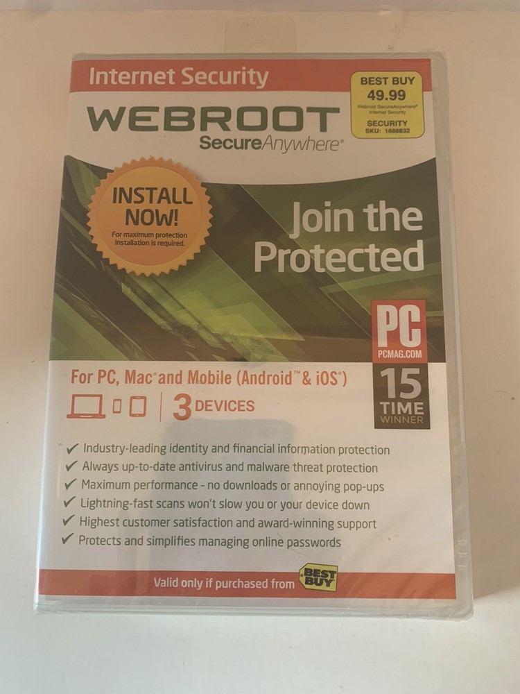 Webroot Secure Anywhere PC/Mac/Mobile Android & iOS-3 Devices Internet Security