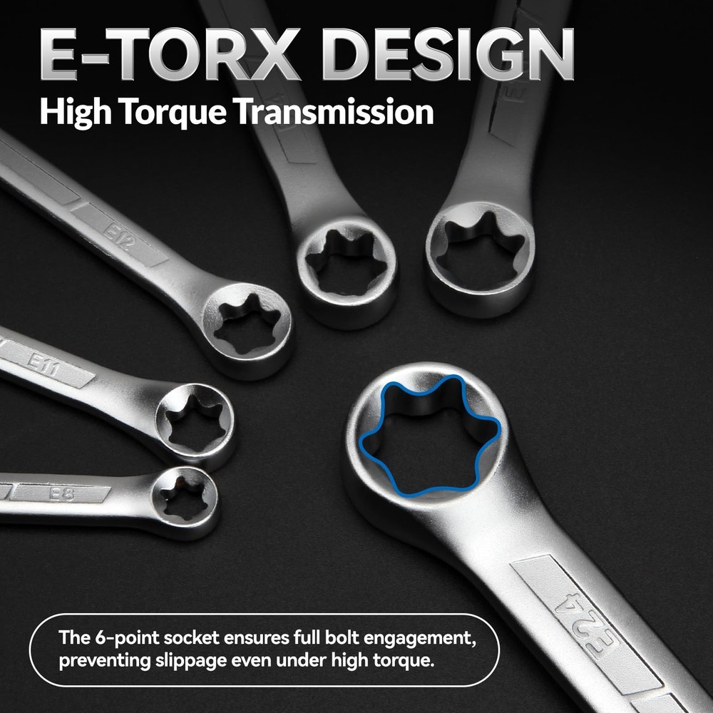 6-Piece E-Torx Wrench Set, Double Box End, CR-V Steel, Durable Tools