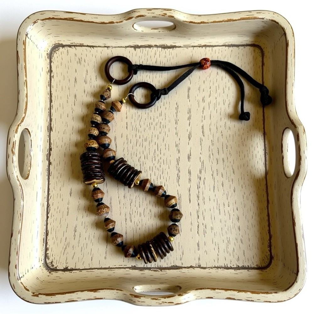 Handmade Boho Wooden Bead & Leather Cord Adjustable Necklace