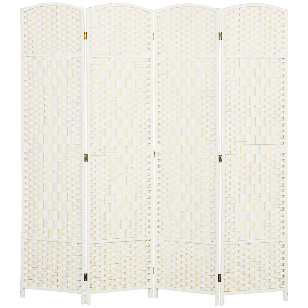 4 Panel Room Divider Hand-Woven Freestanding Partition, White