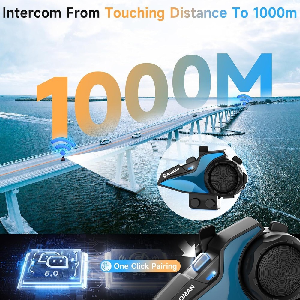 Moman H2E Motorcycle Helmet Wireless Headset Intercom Audio Multitasking 2Pack