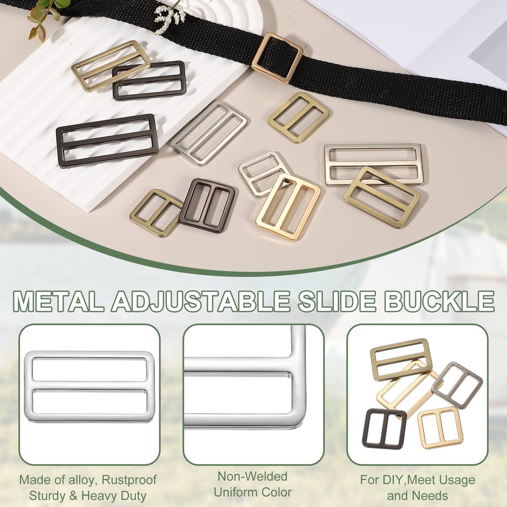 Slide Tri-Glide Buckle, 1-1/2"Metal Adjustable Slide Rectangle 6 Pcs & Silver