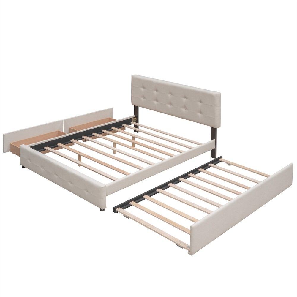 Queen Size Bed Frame Upholstered Platform Bed with Pull-Out Trundle & 2 Drawer