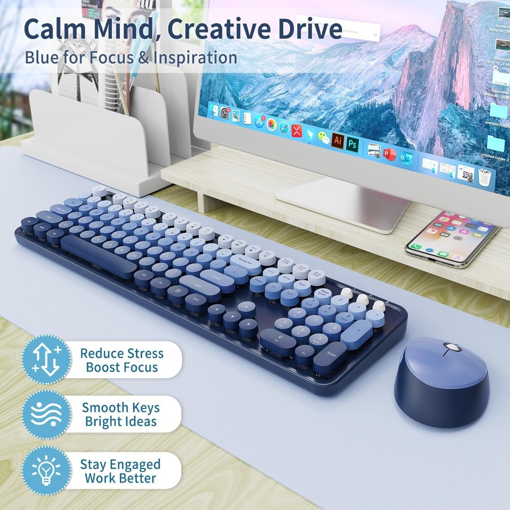 Wireless Keyboard and Mouse Combo, Retro Typewriter Keyboard with Round Keyca...