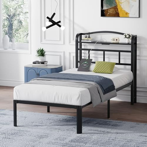14 Inch Metal Bed Frame - Twin Size Black Heavy Duty Bedframe Platform Basic