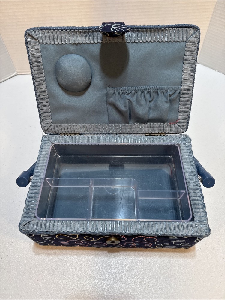 Sewing Basket Box Blue Fabric Plastic Woven Handle