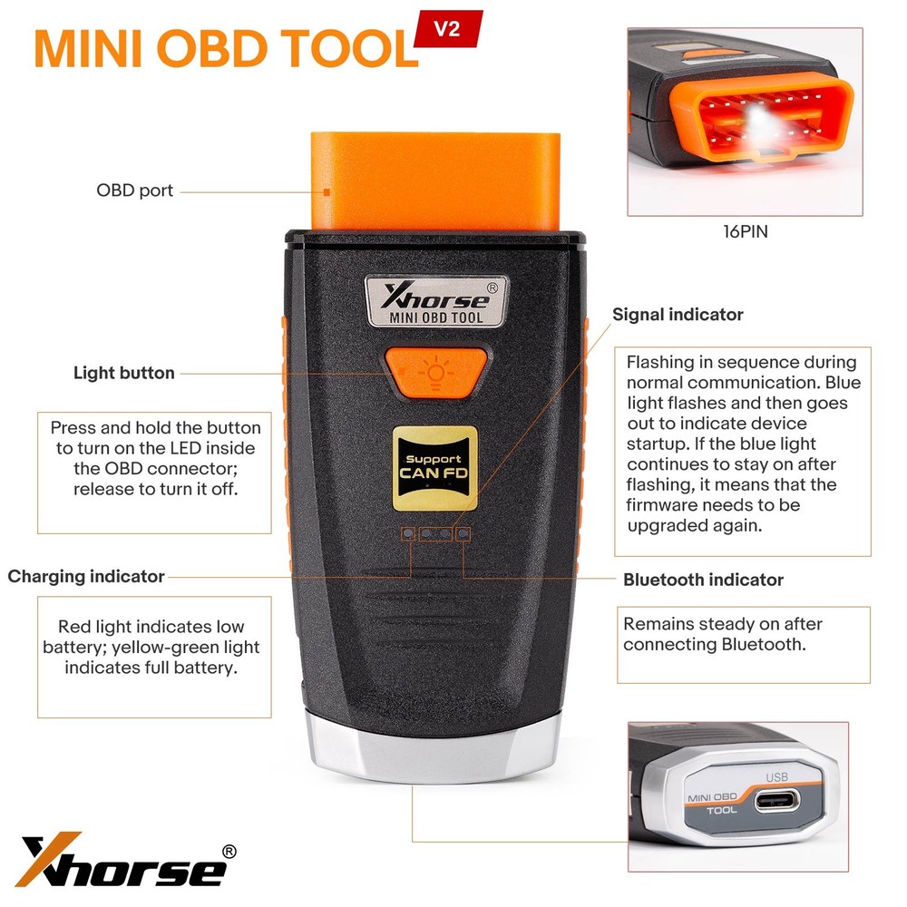 Xhorse VVDI MINI OBD TOOL V2 XDMO20 Support CANFD Protocol/LED light/8A IMMO Box