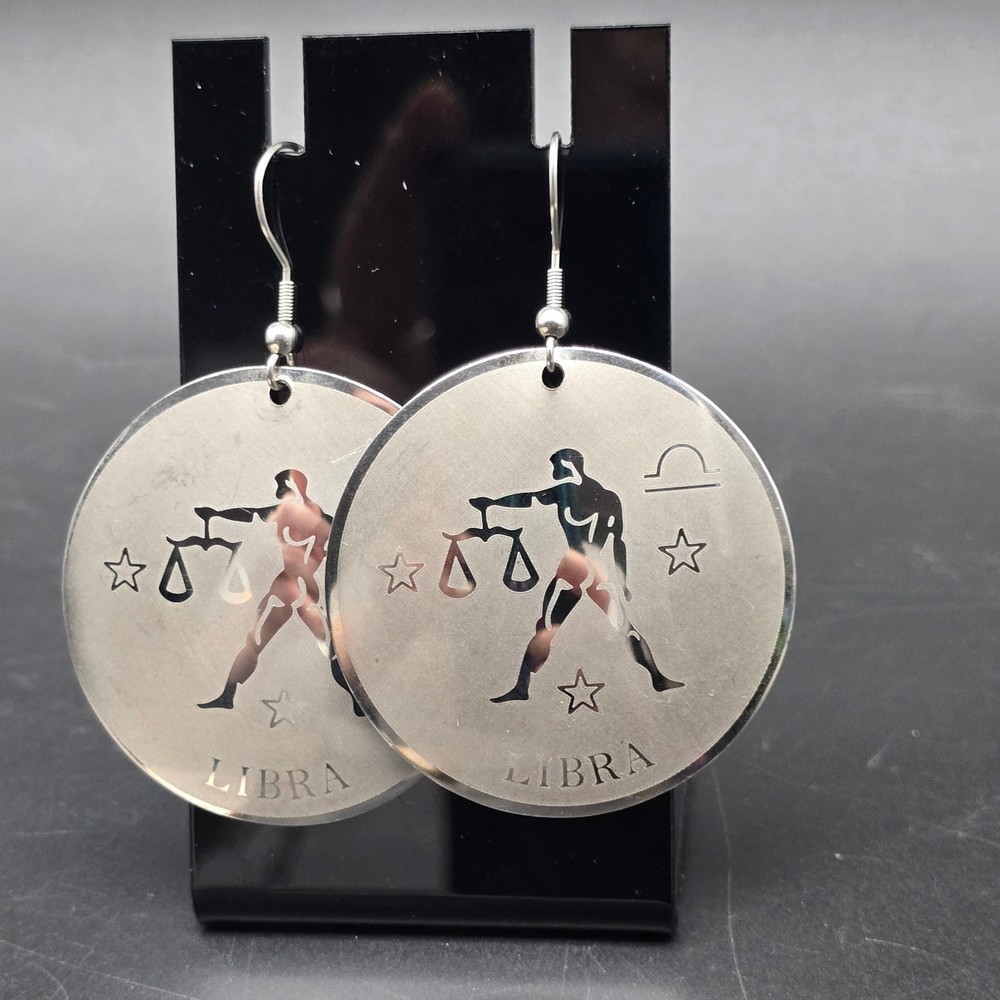Libra Zodiac Symbol Earrings Silver Tone Discs Round Dangle Drop