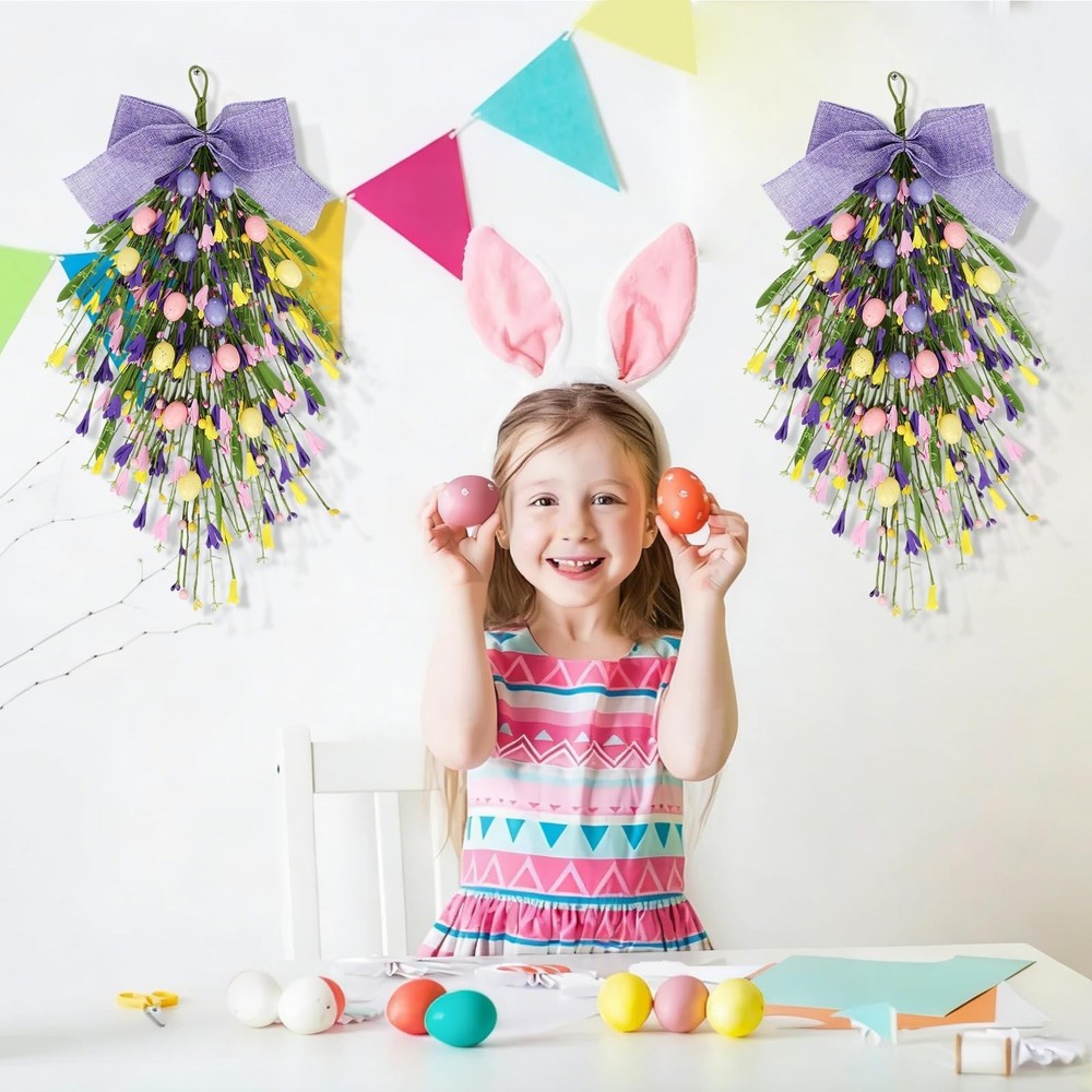 2 Pack 24'' Easter Teardrop Swags for Front Door Pastel Easter Eggs Teardrop ...
