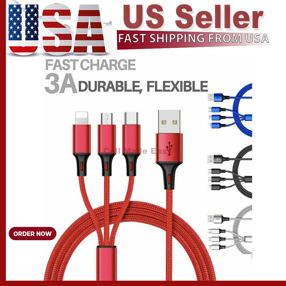 3 in 1 Fast USB Charging Cable Universal Multi Function Cell Phone Charger Cord