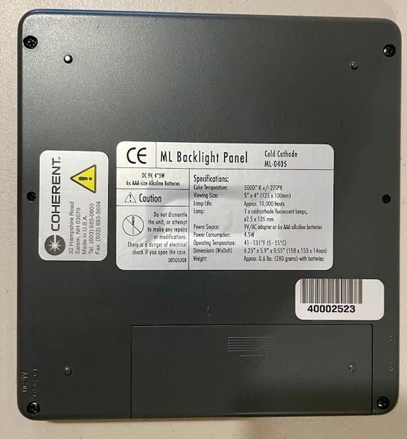 Coherent ML-0405 Backlight Panel Cold Cathode ML-0405K, 4" x 5". AC adaptor.