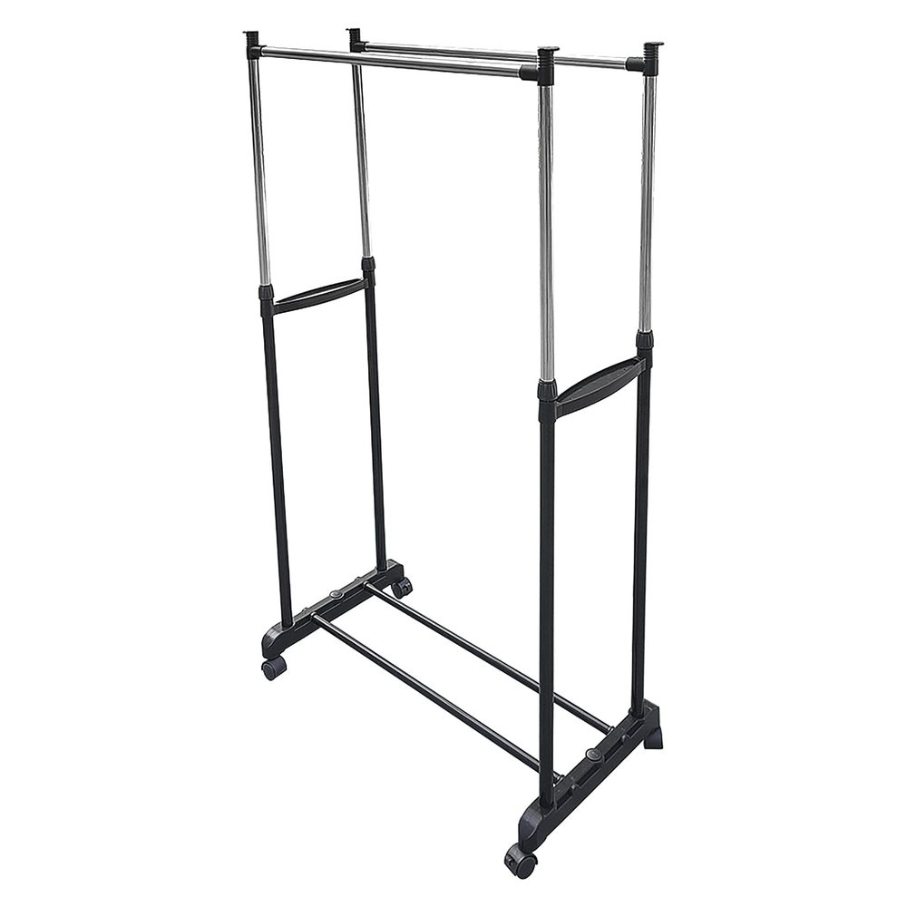 Double Rod Rolling Clothes Rack Clothing Garment Rack Lockable Mobile Wheels