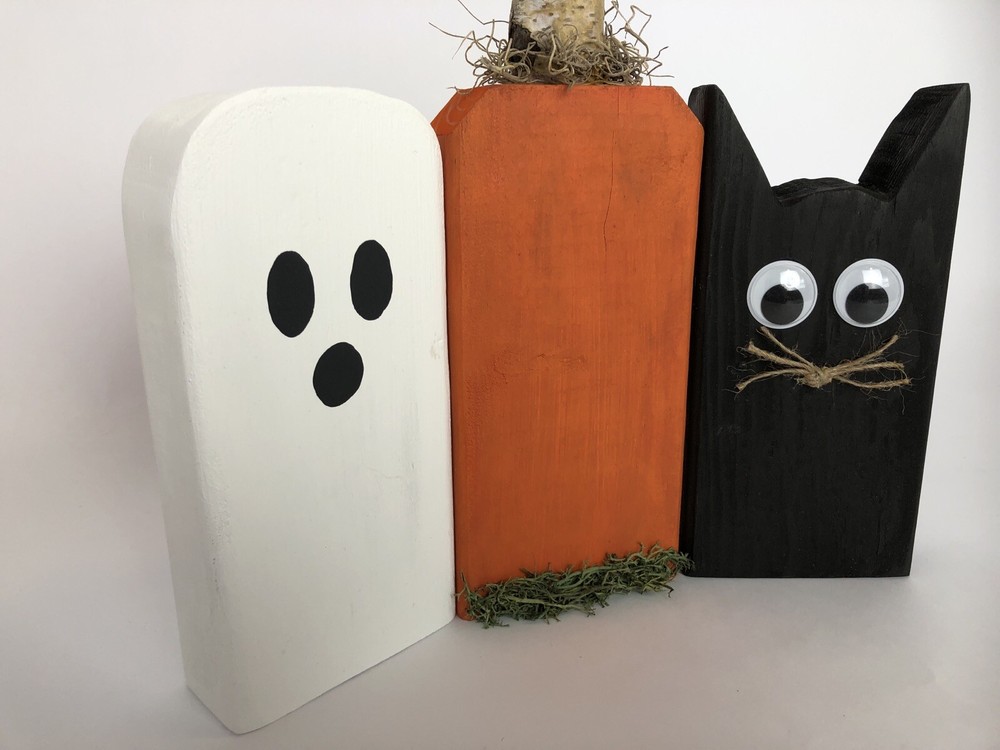 Pumpkin Ghost Black Cat Trio Halloween Decor Hand Painted