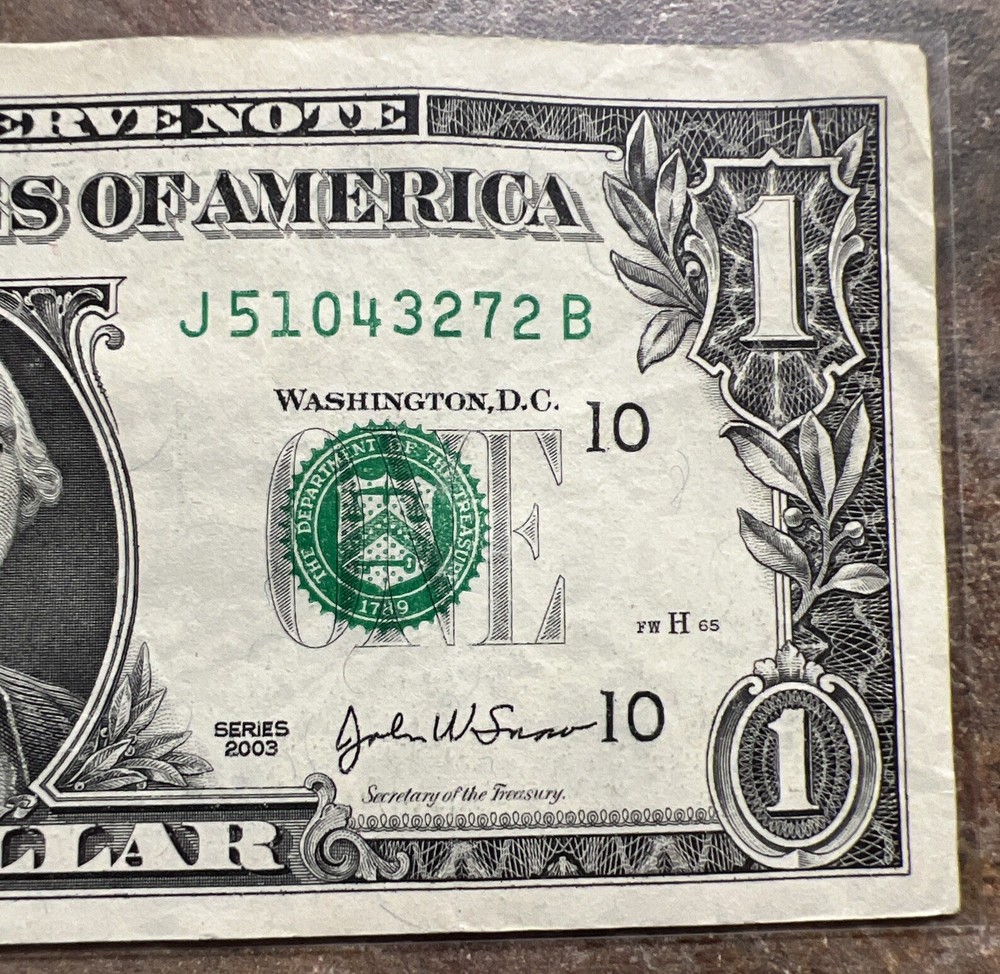 2003 $1 Misaligned Printing Shift Error Federal Reserve Note
