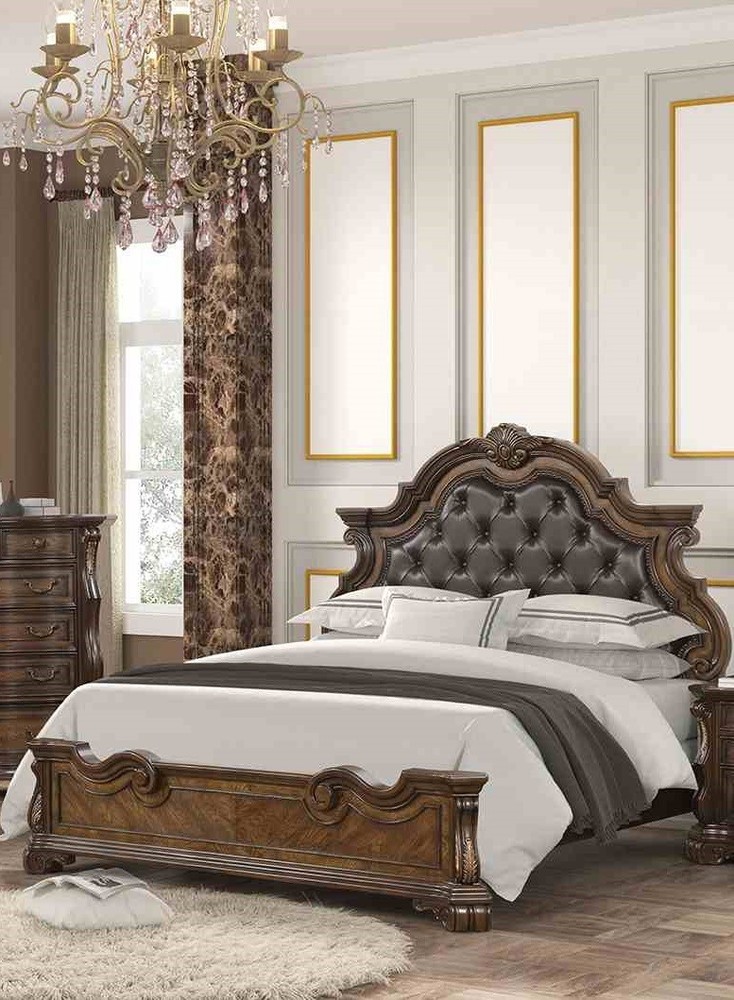 Diamond Headboard Eastern King Bed 3pc Bed 2x Nightstand Set Ornate Molding