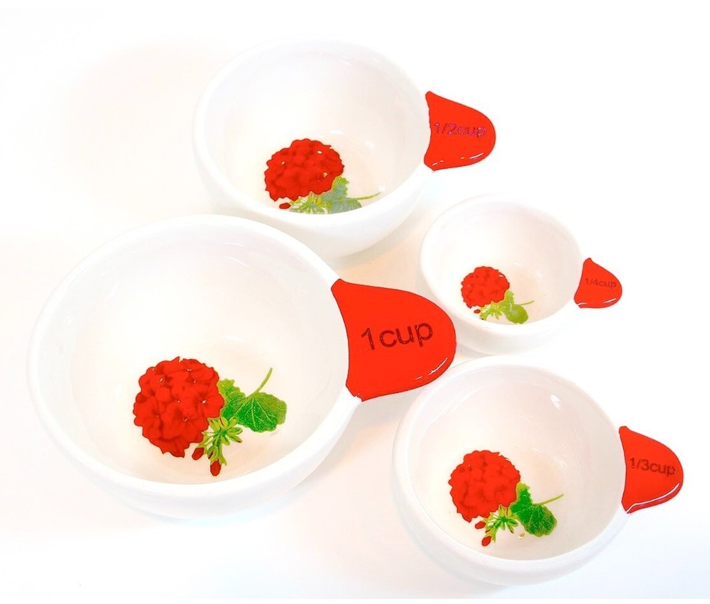 Geranium Measuring Cup Set,White Ceramic,Red Geraniums, 1, 1/2, 1/4, 1/3 Cups