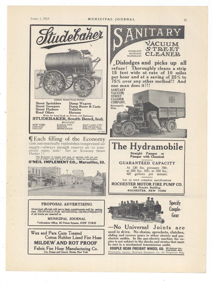 1915 Studebaker Automatic Pressure Distributor Ad: Street Sweeper-Wagons. S Bend