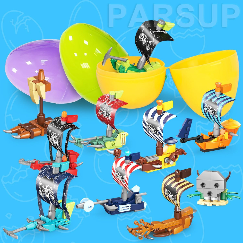 12 Pack Easter Plastic Eggs with Pirate Ship Building Blocks for Easter Theme Pa