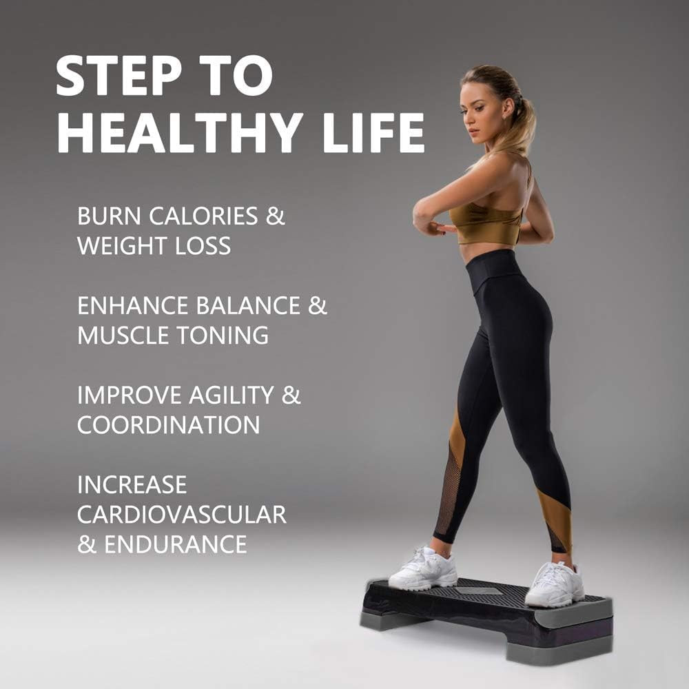 Adjustable Workout Aerobic Stepper, Aerobic Exercise Step Platform with 2 Risers