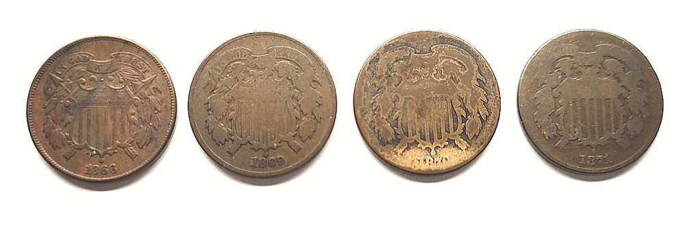 1866, 1869, 1870 & 1871 Two Cent Pieces