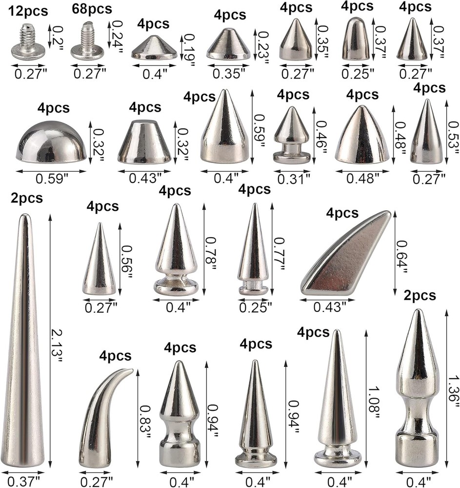 80 Sets Mixed Shape Spikes and Studs Assorted Sizes Silver Color Screw Back Bull