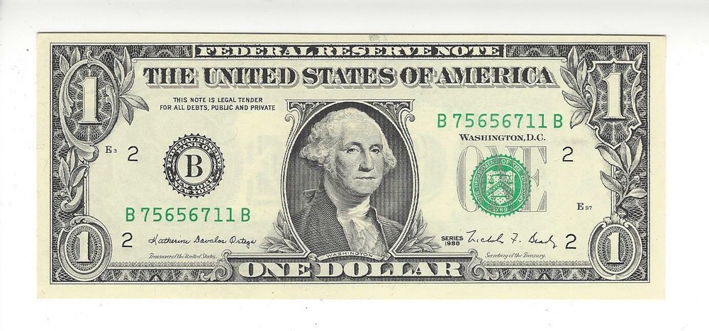 $1. FRN, Series 1988, Insufficient Inking Error, FR# 1914-B, Choice Uncirculated